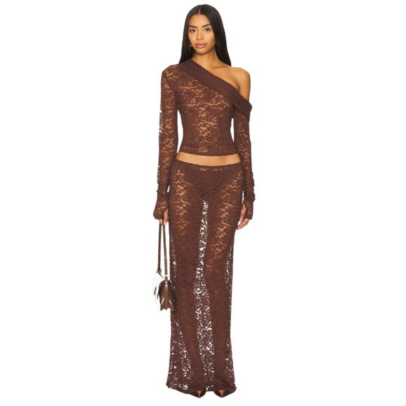 LIONESS Black Swan Lace Maxi in Chocolate Brown X-Small Womens Long Skirt - Picture 1 of 15